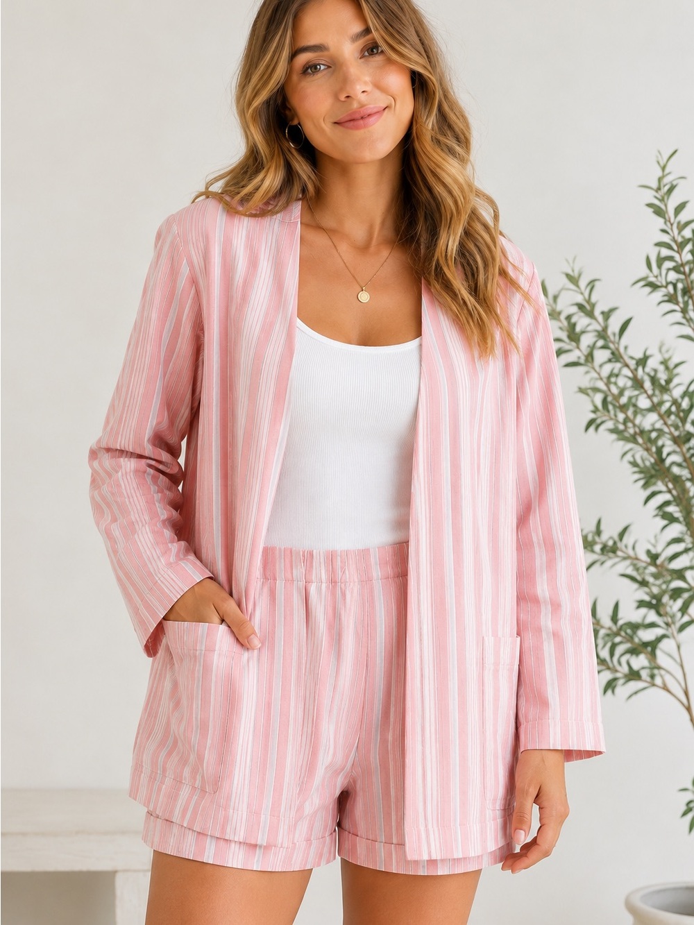 Umgee Pink & White Striped Lounge Jacket and Shorts